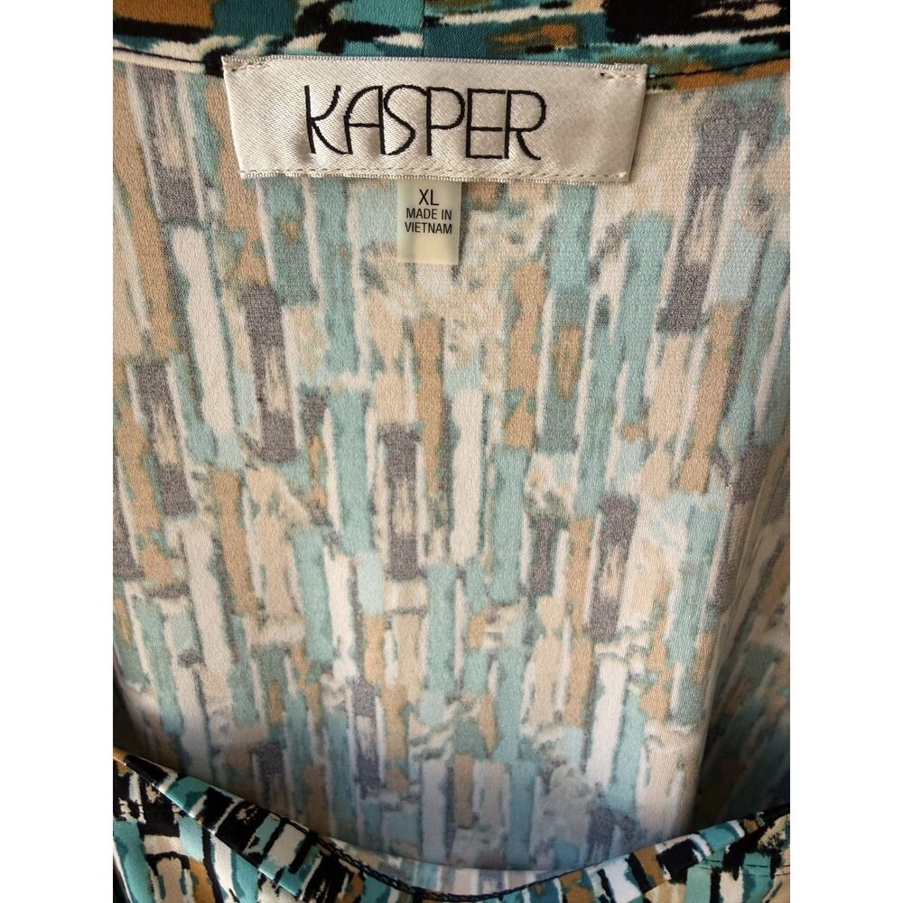 Kasper Abstract Geometric Print Cap Sleeve Top XL Teal Gold Black White Blouse - Picture 4 of 4